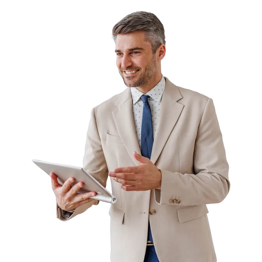 Mature advisor explaining with tablet