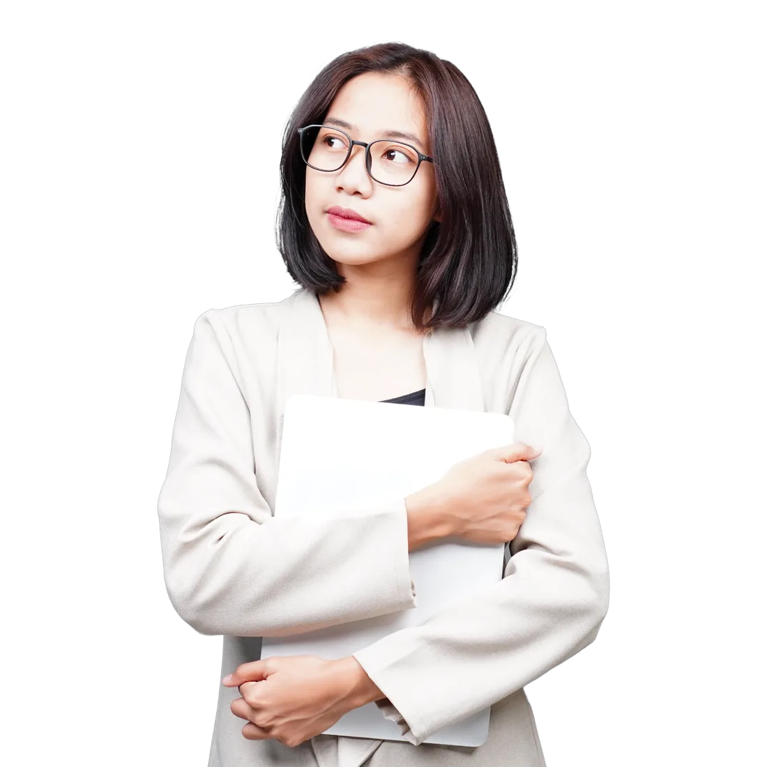 Thoughtful businesswoman arms folded